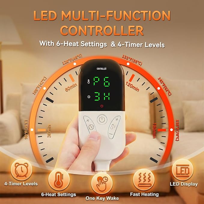 King Size Heating Pad for Back Pain 32"x24" Extra Large Electric Heating Pad for Period Cramps Relief & Body Neck Shoulder Auto Shut Off Heat Pad Temperature Settings Machine Washable Blue