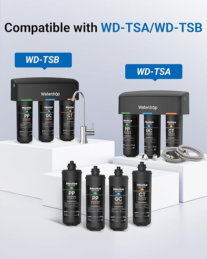 Maxblue TSA 3-Stage Water Filter Replacement, 𝟏 𝐘𝐞𝐚𝐫 𝐂𝐨𝐦𝐩𝐨 𝐏𝐚𝐜𝐤, Replacement for Waterdrop TSA & TSB 3-stage Under Sink Water Filtration System, 2PP+GC+CT, Easy to Install