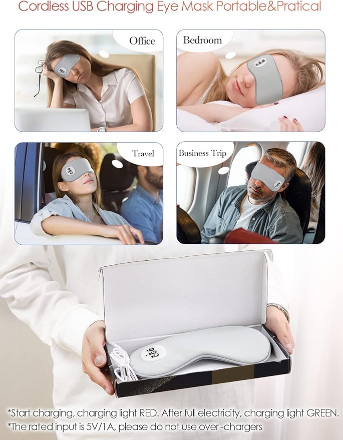 Heated Eye Mask Cordless Warm Compress for Dry Eyes, Eye Massager Sleep Eye Mask with Heat -3 Temperature, Auto-Off Timer, Cooling Gel Relief, Relaxing No Pressure Eye Cover for Men Women Gift (Grey)