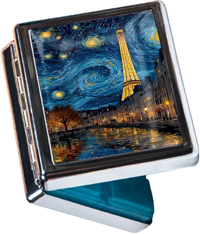 Metal Pill Organizer Box with Mirror – 8 Compartment Chrome Pill Case, Pocket-Size Travel Pill Container for Vitamins, Seniors, Daily Use (Starry Night Over Paris)