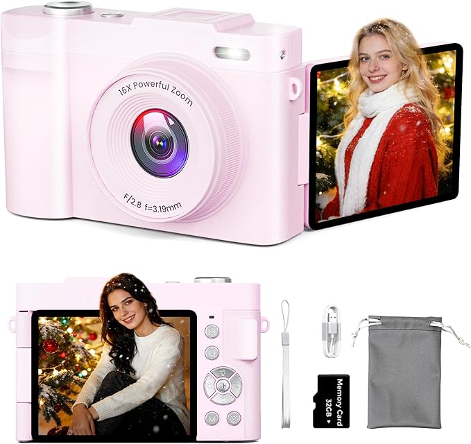 4K Digital Camera for Photography Auto-Focus, Compact 50MP Camera with 180° Flip Screen, 16X Digital Zoom, Camara Fotografica with 32GB Card – Great for Vlogging and Learning Photography