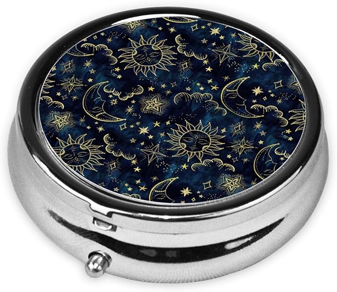 Round Pill Box,3 Compartment Mini Decorative Pocket Purse Portable Travel Medicine Tablet Vitamin Holder Organizer Pill Case,Sun Moon Boho Astrology