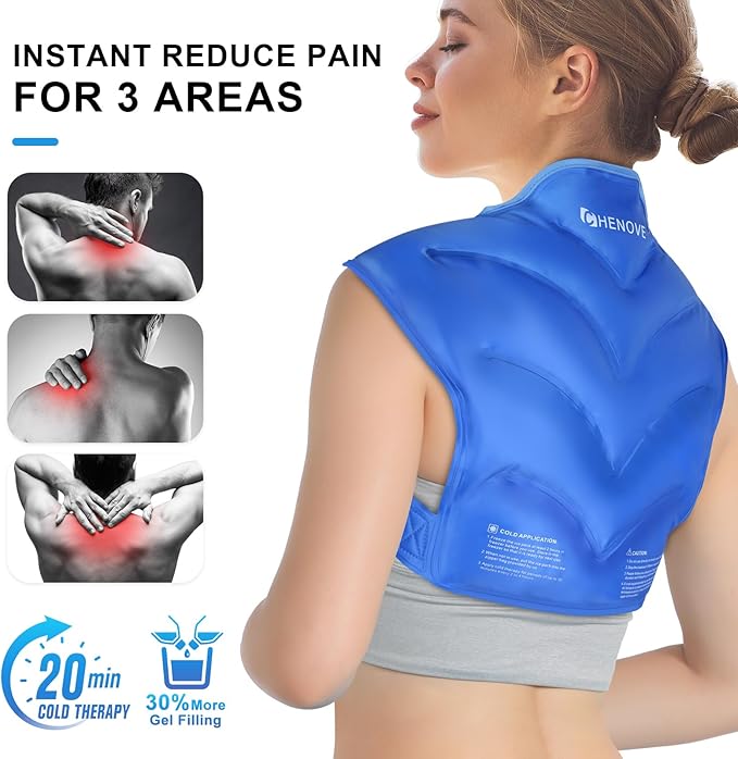 Chenove Ice Pack for Shoulders Upper Back with Strap, Neck and Shoulder Ice Pack Wrap Rotator Cuff Gel Reusable with Cold Compression Therapy, Soreness (Blue)