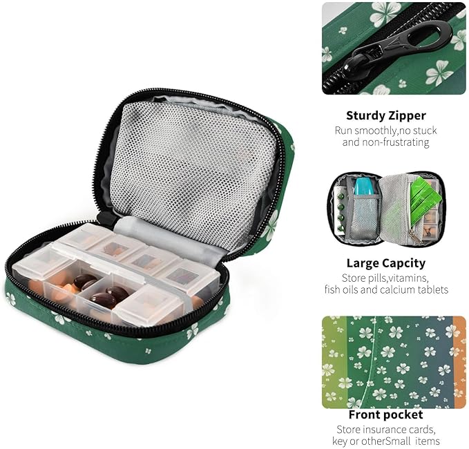 St. Patrick's Day Clovers Flag Green Travel Pill Organizer Case Box Container Weekly Portable Vitamin Medicine Holder Storage Bag with Zipper Removable