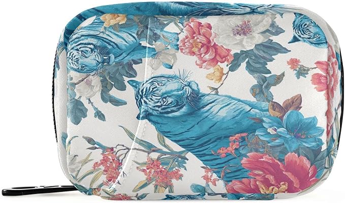 Blue Tigers and Colorful Flowers Travel Pill Organizer Case Box Container Weekly Portable Vitamin Medicine Holder Storage Bag with Zipper Removable