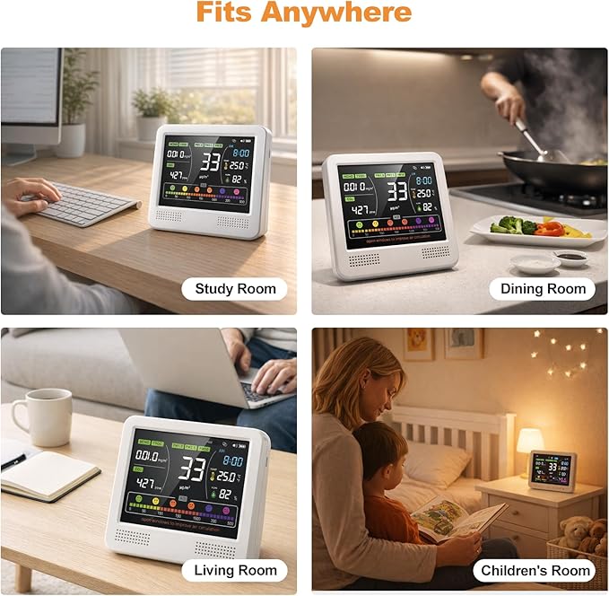 16-in-1 Indoor Air Quality Monitor and Detector with 7AQI Beep Alarm, CO2 Monitor, PM1.0, PM2.5, PM10, Temperature, Humidity, Formaldehyde, VOC Tester