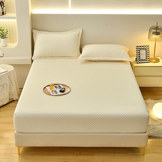 ZIQINPSQ Coral Velvet Fitted Sheet-Thickened Cold-Resistant and Warm Bed Sheets-Soft Velvet Fleece Fitted Sheets with-Elastic All Around. (Beige, Twin XL)