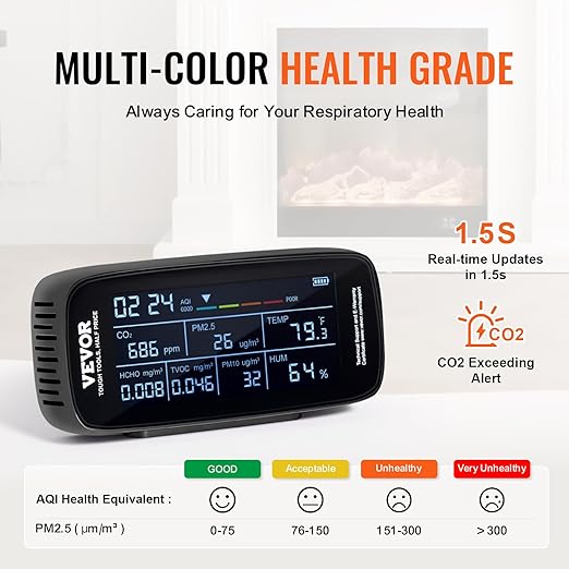 VEVOR Air Quality Monitor 9-in-1, CO2, Temperature, Humidity, Formaldehyde TVOC AQI Tester, Professional PM2.5 PM10 PM1.0 Particle Counter for Indoor/Outdoor, Air Quality Meter w/Alarm Thresholds