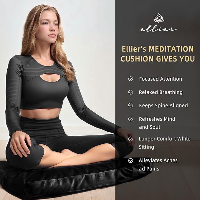 Zafu & Zabuton Meditation Cushion Set - Buckwheat Hull & Memory Foam Pillows, Ergonomic Support for Yoga, Mindfulness - Organic Velvet Cover, Large Size, Durable Comfort (Black)