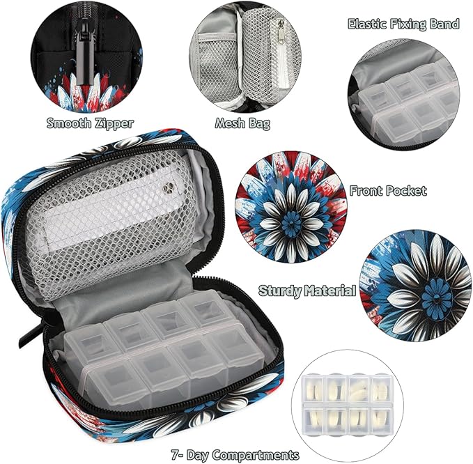 American Flag Daisy Travel Pill Organizer Box Weekly Portable Pill Case Daily Pills 7 Day Small Birth Control Pills Container Removable Compartments for Medicine Vitamins Fish Oil