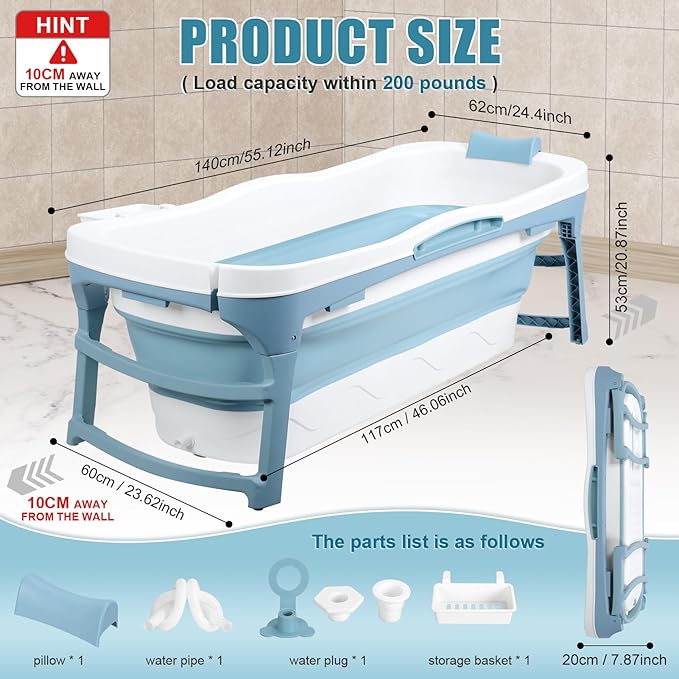 Large Size Foldable Portable Bathtub for Adults, 56 Inch Freestanding Surround Collapsible Bathtub, Soaking Tub, Portable Bath Tub for Family Sweat Steaming, Hot Bath, Ice Bath Tub