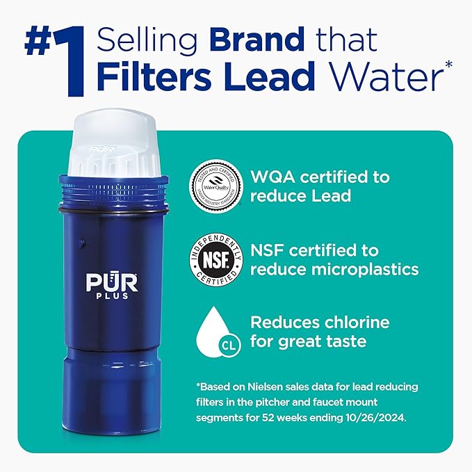 PUR Plus 7-Cup Water Filter Pitcher, Cleaner, Great-Tasting Water, Dishwasher Safe, Powerful, Lead-Reducing Filtration, LockFit Cap Design, Smoke