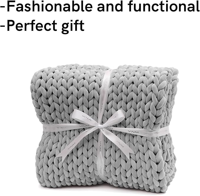 YnM Velvet Weighted Blanket, Handmade Chunky Knitted Design, Soft and Cozy, Temperature Regulating and Breathable, Machine Washable Throw for Sleep or Home Decor (Light Grey, 50x60 Inch, 10lbs)