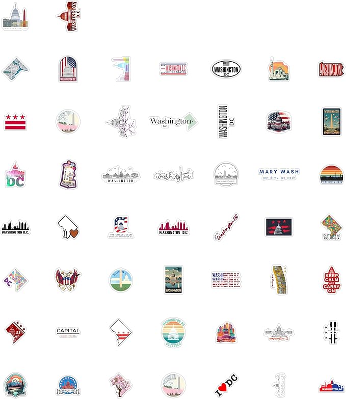 BulbaCraft 100Pcs Washington DC Stickers for Water Bottle and Laptop - Washington DC Party Supplies & Decorations, Waterproof Vinyl Decals, State Pride and Icon Stickers, Gifts for Women & Men