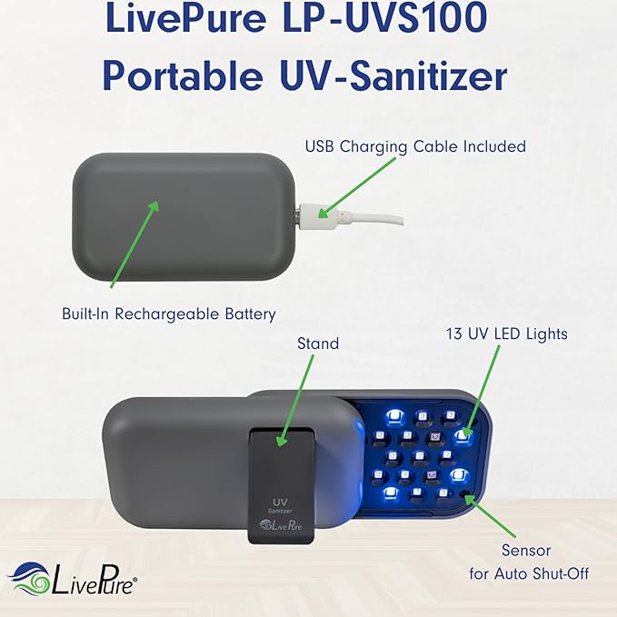 LivePure Handheld UV Light Sanitizer. Portable UV Light for Disinfecting Room, Kitchen, Car, Bathroom, Household Surfaces. Graphite Gray