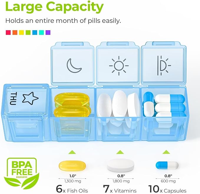 AUVON iMedassist Moisture-Proof Weekly Pill Organizer 4 Times a Day, Large 7 Day Pill Box Case with Portable Design for Travel, Removable Individual Containers Hold Vitamins, Supplements, Medications