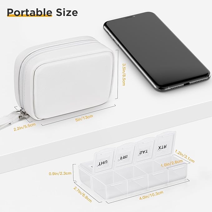 Zannaki Cute Pill Organizer for Purse with Two Removable 7-Day Pill Box, Travel PU Leather Pill Case, Portable Weekly Pill Container with Storage Bag to Hold Vitamins, Fish Oils, Supplements (White)
