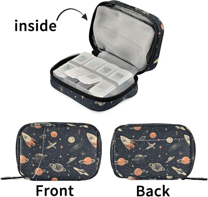 Fustylead Hand-Drawn Space Rocket Planet Elements Travel Pill Case Bag with Zipper Weekly Pill Box 8 Compartments 7 Day Personal Pill Case Purse Medicine Case Organizer