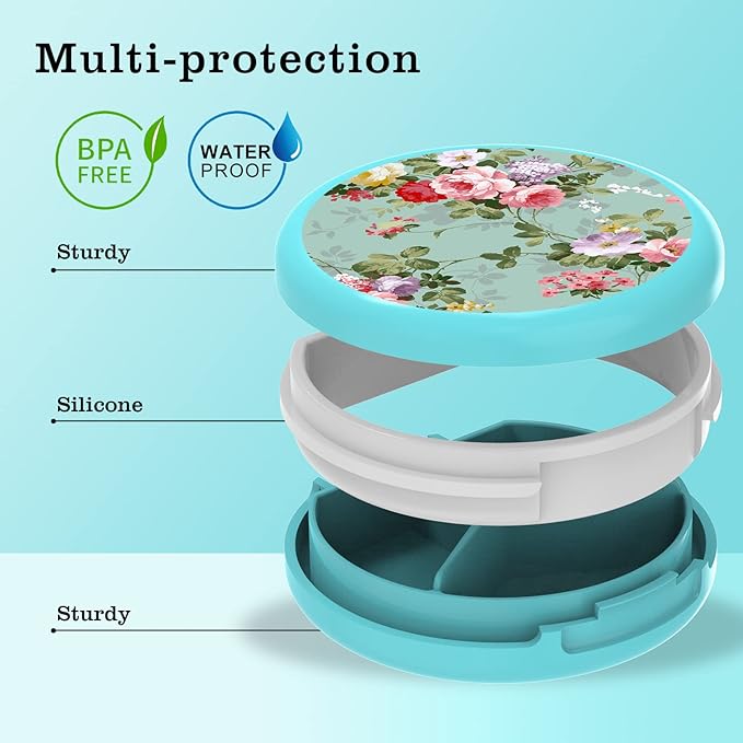 Serfeymi Small Pill Box - 3 Compartments Portable Pill Box for Purse Pocket, Compact Mini Travel Pill Case - Suitable for Medicine, Vitamin, Fish Oil, Supplements - Light Blue(Garden Bloom)