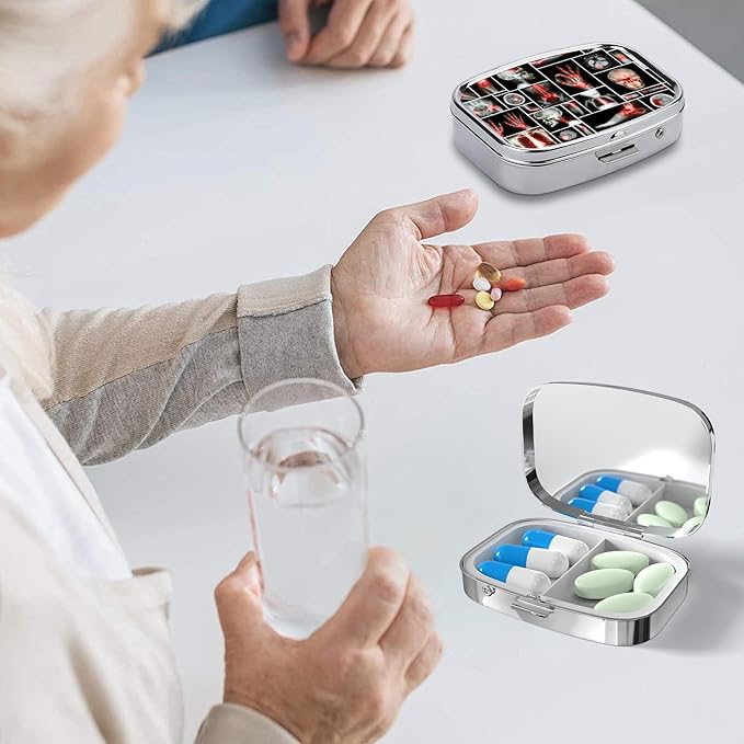 Pill Box-2 Compartment Small Pill Case Square Organizer Case with Mirror Portable Metal Medicine Box Travel Container for Pocket & Purse Women Men(Skull X-ray)
