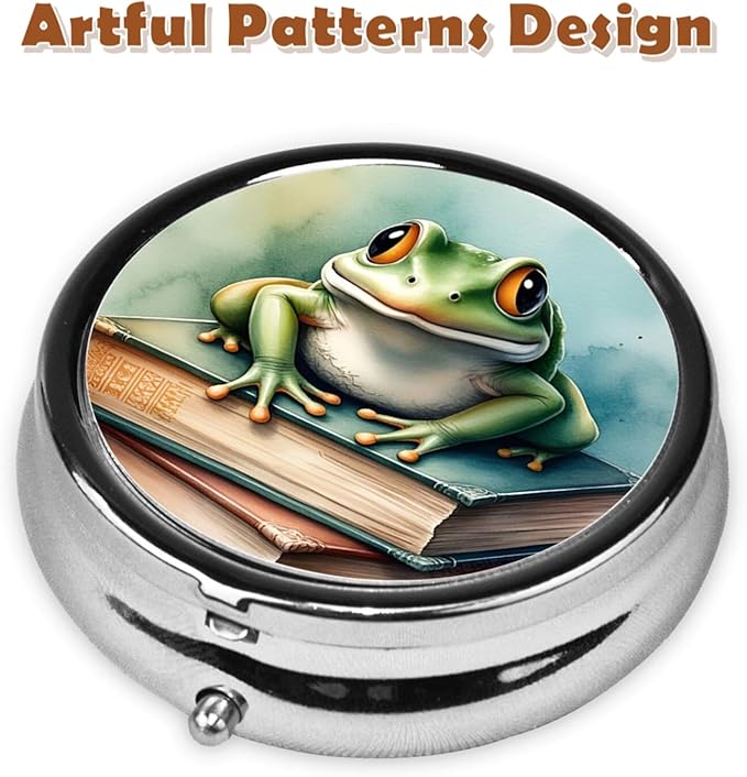Metal Pill Organizer - 3-Compartment Mini Round Pill Case for Pocket & Purse, Portable Vitamin Holder, Easy-Open Design for Travel - Book and Frog
