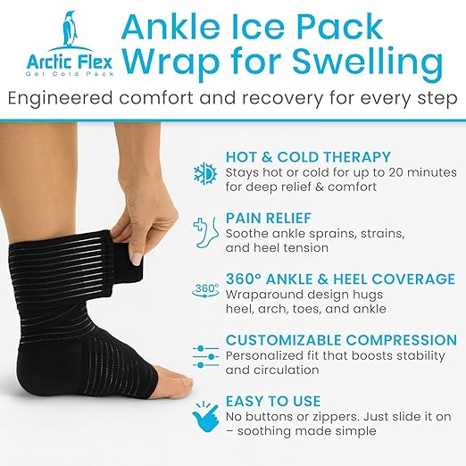 Vive Arctic Flex Ankle Ice Pack Wrap for Swelling - Adjustable Hot & Cold Gel Compression for Foot & Heel Injuries Reusable, Pain Relief, Reusable Cooling Therapy