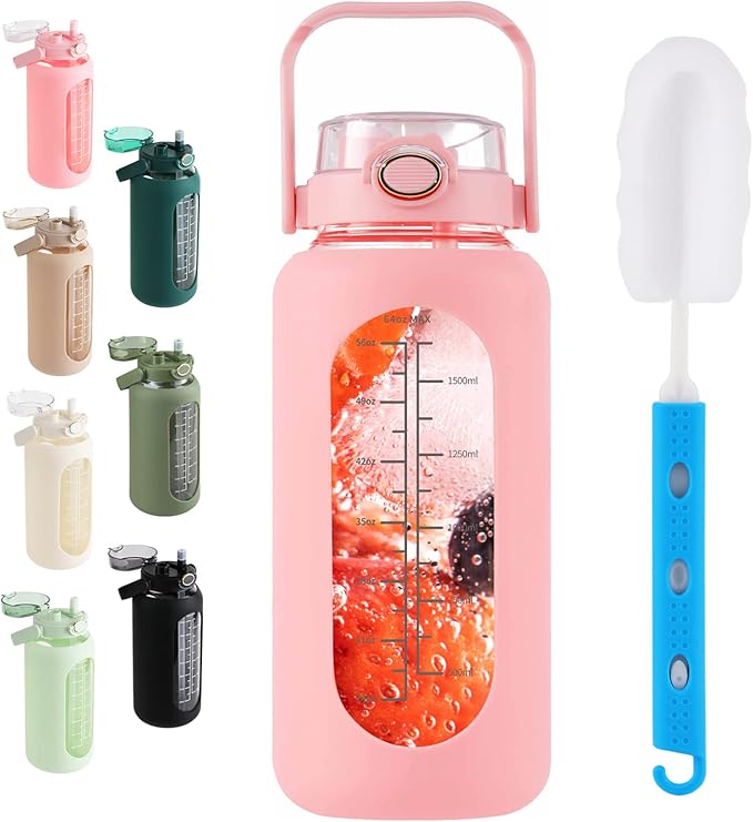 Glass Water Bottle with Straw and Handle Lid Half Gallon Motivational Glass Bottle with Silicone Sleeve and Time Marker Large Reusable Sports Water Jug for Gym Home Workout