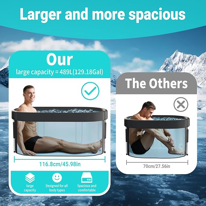 Portable Ice Bath Tub with Cover, Foldable Cold Plunge Tub for Outdoor Indoor, Large Bathtub for Athletes Ice Baths - 116.8 X 59 X 56 Cm