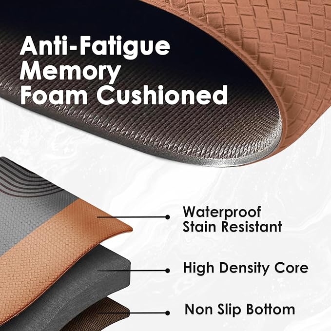 Kitchen Mats for Floor 2 PCS, Anti Fatigue Mat Set, Boho Cushioned Non Slip Waterproof Kitchen Rugs, Wipe Clean PVC Leather Runner for Sink, Laundry, Office, 17"x47"+17"x29", Brown