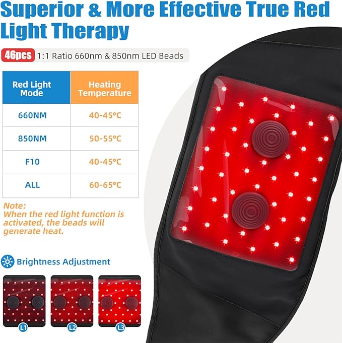 Red Light Therapy Belt for Back & Waist, 660nm 850nm Wearable Red Light Belt with Heat & Vibration, Rechargeable 5000mAh Cordless Heating Pad, 46 LEDs