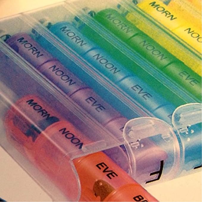 Pill Case | Portable Pop-up Pill Organizer | Weekly Color-Coded pods | Spring-Loaded Action | 28 Compartments | Large Vitamins Pills Organizer Great for Travel or Everyday Use