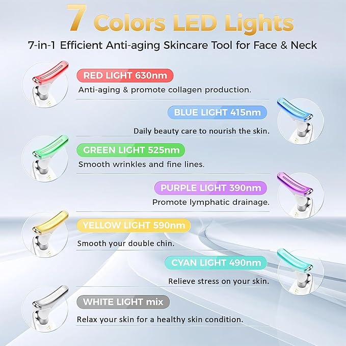 Device | 7-in-1 Red Light Therapy for Face and Neck - 7 Colors, Smart Vibration | Red Light Face Massager Tool - Effectively Remove Wrinkles, Lift Neck, Portable Skin Care Tool (White)