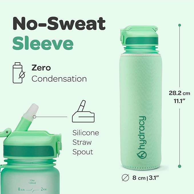 Hydracy Water Bottle with Time Marker -Large BPA Free Water Bottle & No Sweat Sleeve -Leak Proof Gym Bottle with Fruit Infuser Strainer & Times to Drink -Ideal for Fitness Sports & Outdoors