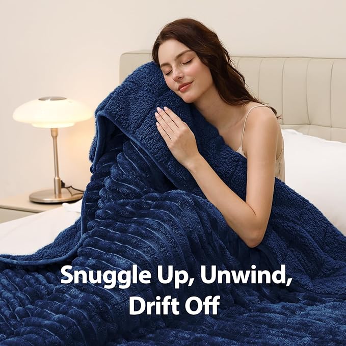 Sherpa Fleece Weighted Blanket with 3D Ribbed Stripes, 15 lbs Soft Flannel Heavy Throw Blanket for Couch Bed Sofa, Heavy Thick Blankets with Glass Beads, Comfort for Cozy Evenings, 60" x 80"