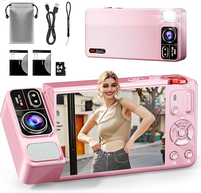 Digital Camera, 4K 64MP Cameras for Photography, 270°Flip Screen Vlogging Camera, Autofocus, Flash, 18X Zoom, 2 Batteries, 64GB Card, Point and Shoot Digital Cameras for Kids Teens, Pink