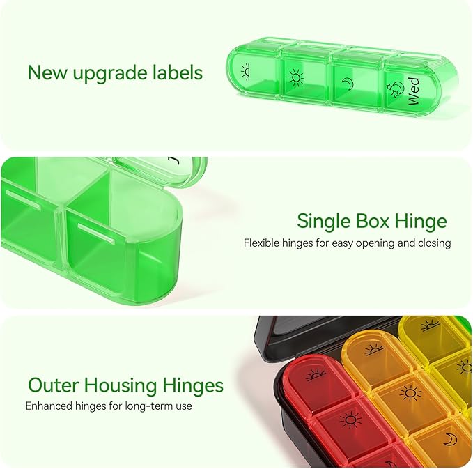 Zoksi Pill Organizer 4 Times a Day, BPA Free Weekly Travel Pill Box，Daily Pill Case with 28 Compartments to Hold Medicine, Vitamin and Supplement(Black)