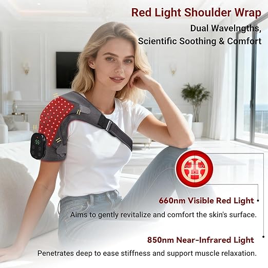 Cordless Shoulder Heating Pad with Massage, Red Light Massager for Soothe Discomfort, Heated Support Wrap for Muscle Comfort, Men & Women. (Grey)