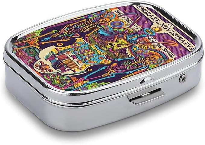Metal 2 Compartment Pill Organizer Travel Friendly Portable Compact Pill Box Cute Pill Case,for Pocket Wallets Daily Portable Medicine Vitamin Tablet Storage (Guardian Skeleton)