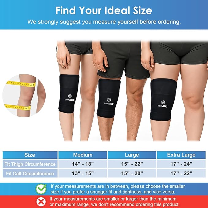 ComfiTECH Dual-Gel Pack Knee Ice Sleeve with Extended 30-Minute Cooling, Detachable Ice Pack & Flexible Reusable Gel Ice Wrap for Soothing Discomfort & Fatigue in Knee, Thigh and Calf, Large, 2 Packs