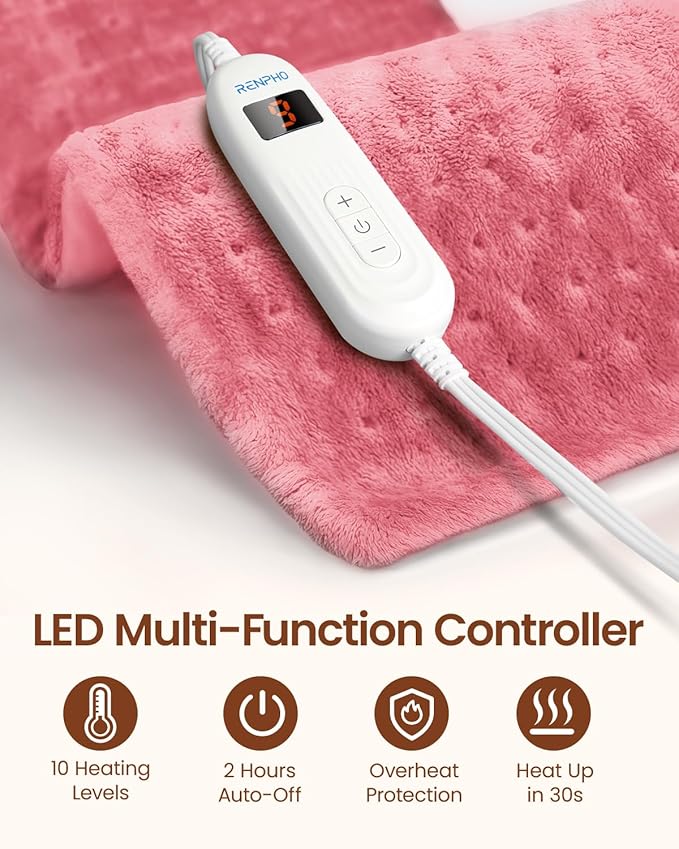 RENPHO Electric Heating pad for Back, Mothers Day Gifts & Birthday Gifts for Her Him, Heating Pads for Neck and Shoulder, FSA Eligible HSA Store, Auto-Off, ETL Certified, Extra Large 12"x24" Pink