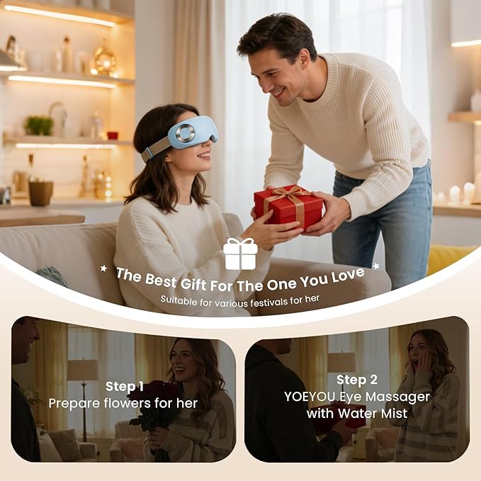 Eye Massager with Water Mist & Heat Therapy, 4 Modes Bluetooth Eye Massage Device for Dry Eyes & Eye Strain Relief, Gift for Women