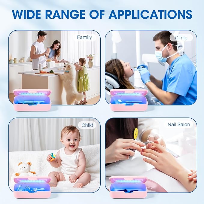 Nail Tool Sterilizer Box - Portable Recharging Nail Tool Cleaner Box Container Plastic Sterilizer Machine for Nail Tools,Tweezers,Hair Salon,Tattoo,Jewelry, Phone (Pink)