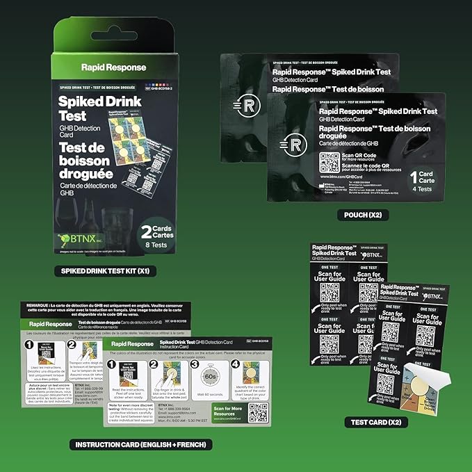 Rapid Response Spiked Drink Test - GHB Detection Card for Beverages. Easy to use, Safe, Avoid Drink Spiking. Drug Testing kit for Bars, Clubs, Parties, Compliant with California Law (2 Pack)