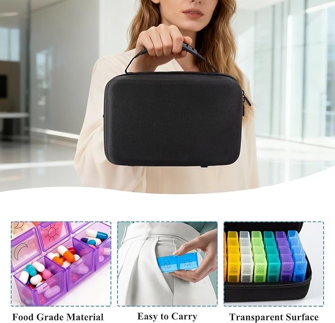 Monthly Pill Box Organizer 3 Times a Day, Travel Medicine Organizing Bag with Portable Hard Shell, Medical Supplies with 32 Daily Compartments, Pill Holder for Vitamin, Fish Oil, Supplements