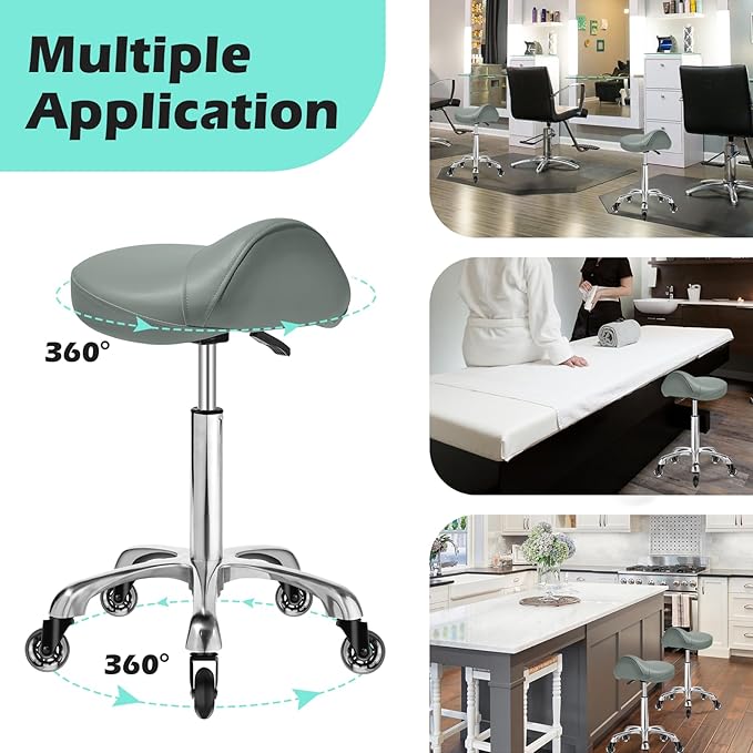 Saddle Stool with wheels Ergonomic - Heavy Duty 400lbs, Upgraded Thick Saddle Cushion, Healthy Posture Correction, Swivel Adjustable Rolling Saddle Stool, Saddle Chair for Salon Massage Home (Gray)