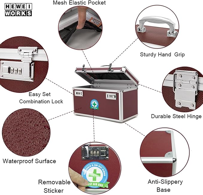 Locking Box with Portable Storage Case, 14.2''x 7.2''x 8.2''，Childproof Medication Lock Organizer, Lockbox for Documents, Medicine & Valuables (Brown/Large