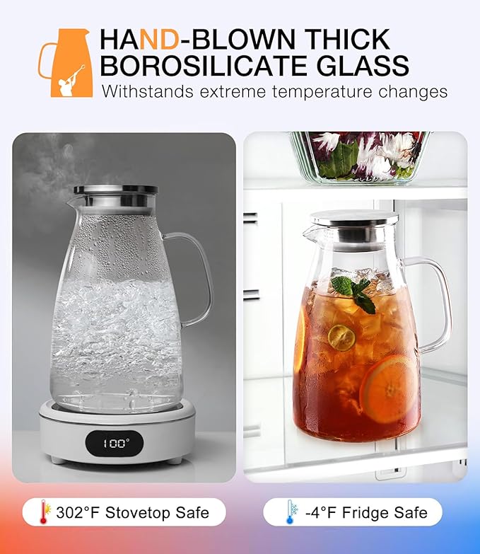 Glass Pitcher with Lid, 1 Gallon 128oz Water Pitcher with Handle and Spout for Fridge, Borosilicate Glass for Iced Tea, Juice, Sangria, Cold/Hot Beverage, Large Jug with Extra Wide Mouth