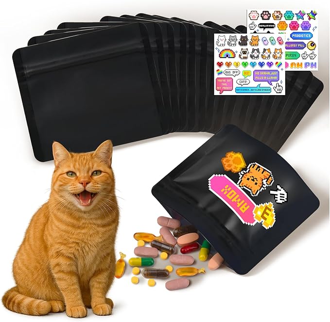 Reusable Pet Pill Pouches for Light Medicine,- 200pcs Capacitywith Zippered Seal, Zippered Medicine Bags with Fun Labels,Waterproof for Medications, Vitamins, Treats (Black Cat)