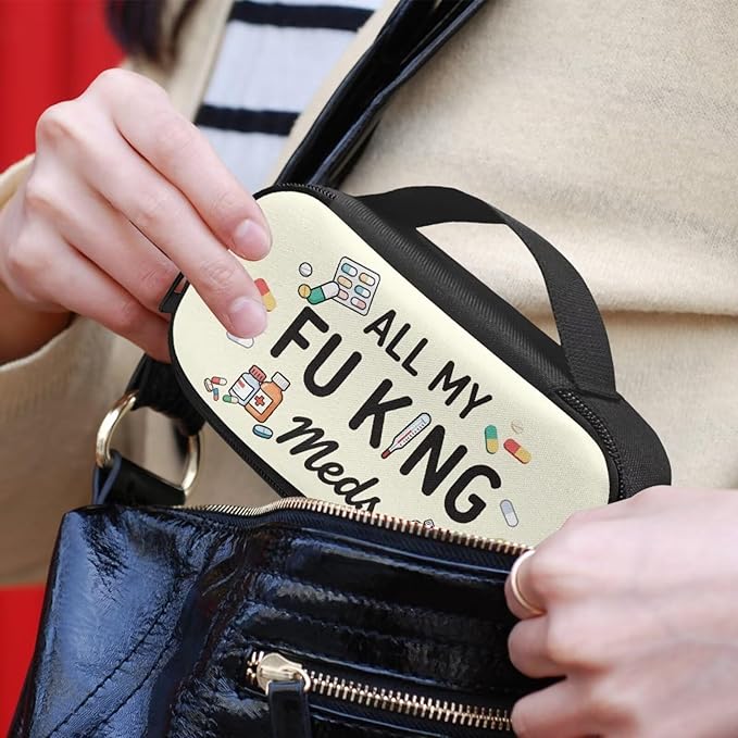 Rnyleeg All My Fuking Meds Diabetic Bag Beige Glucose Meter Case Insulin Bags for Women Diabetic Care for Home Portable Insulin Travel Case with Durable Handle