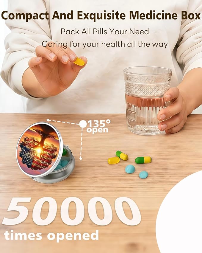 LRITER Pill Case, Portable Travel Pill Box, Pillbox Organizer, Cute Small Medicine Storage Container, Purse Accessories for Women, Men (American Tree)